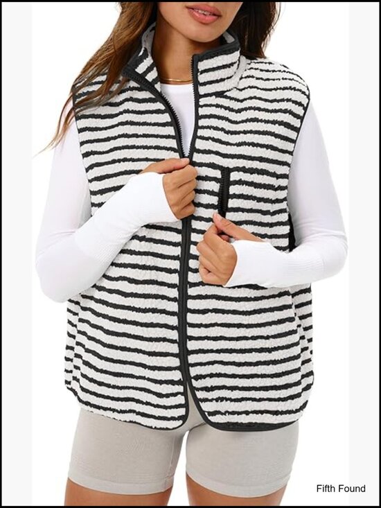 Jackets & Blazers - Women's Cropped Zip Fleece Vest Striped Sleeveless Jacket Layering Gilet